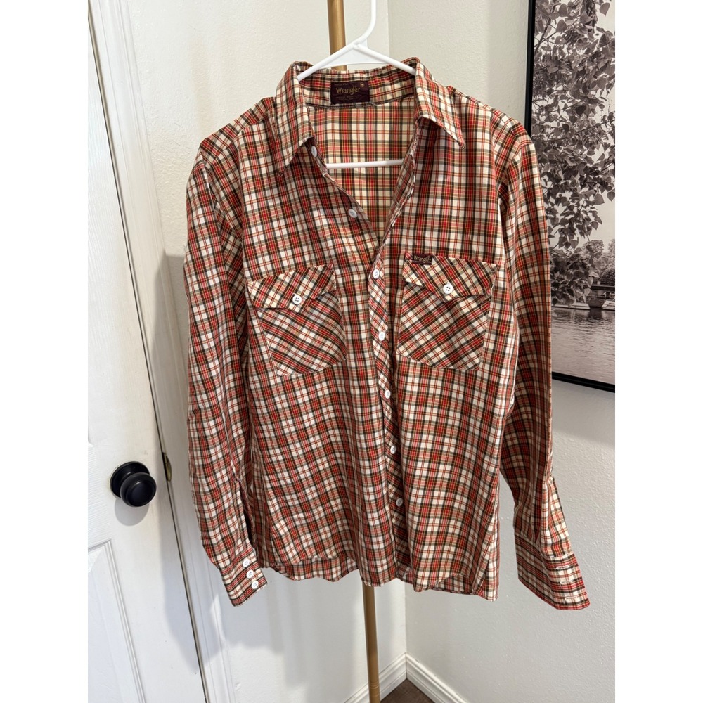 Wrangler‎ Plaid Button Up Long Sleeve Shirt Mens Size Medium Red Brown